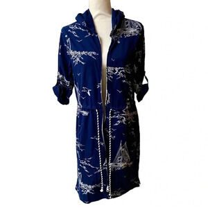 Lands' End Navy and White Sailboat Print Swim Coverup with Hood